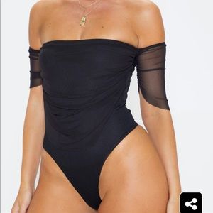Black Mesh Ruched Bardot Bodysuit